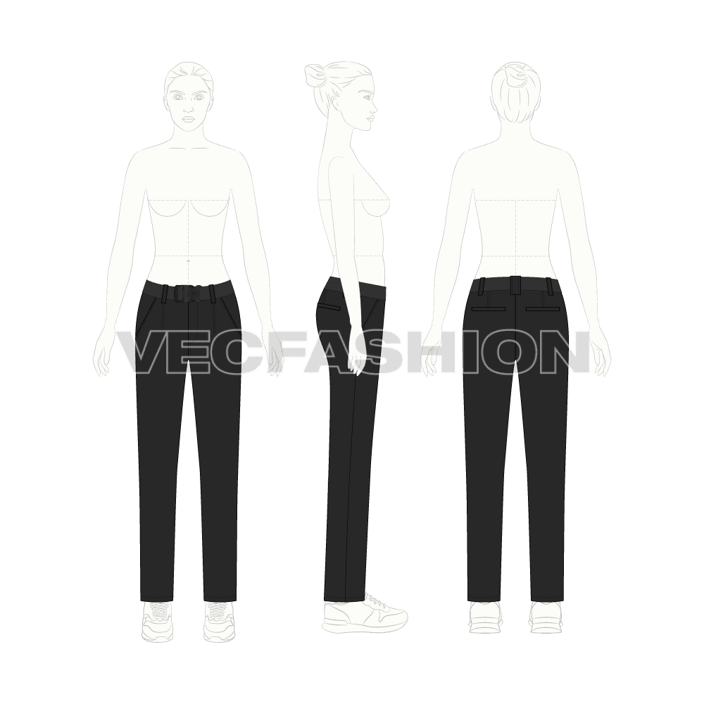 Womens black cotton pants flat sketch, on croqui