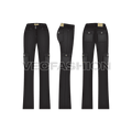 Womens black denim cargo pants flat sketch, showing all views, front, side and back