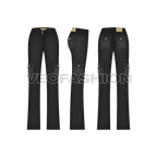 Womens black denim cargo pants flat sketch, showing all views, front, side and back
