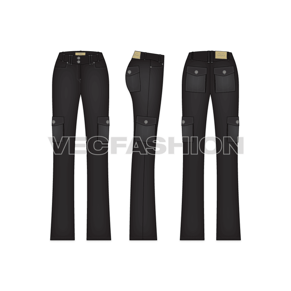 Womens black denim cargo pants flat sketch, showing all views, front, side and back