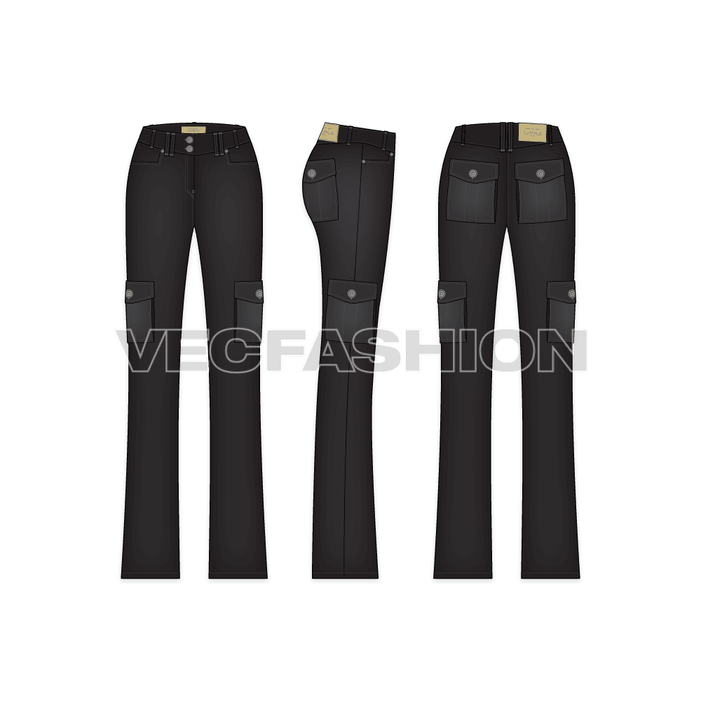A military styled Women's Straight Cut Denim Jeans a much value added design and inspired by the Cargo Pants. This denim jeans vector template includes Metal Shank, Main Satin Label on inside waist band, Metal Rivets,  PU Label, Back Pocket PU Label, Belt Loops with Bar Tack Stitch and Double Needle Stitch on all over garment.