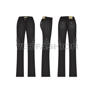 A military styled Women's Straight Cut Denim Jeans a much value added design and inspired by the Cargo Pants. This denim jeans vector template includes Metal Shank, Main Satin Label on inside waist band, Metal Rivets,  PU Label, Back Pocket PU Label, Belt Loops with Bar Tack Stitch and Double Needle Stitch on all over garment.