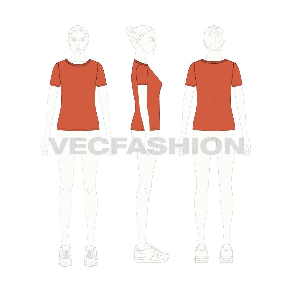 Womens boat neck tshirt flat sketch, croqui sketch