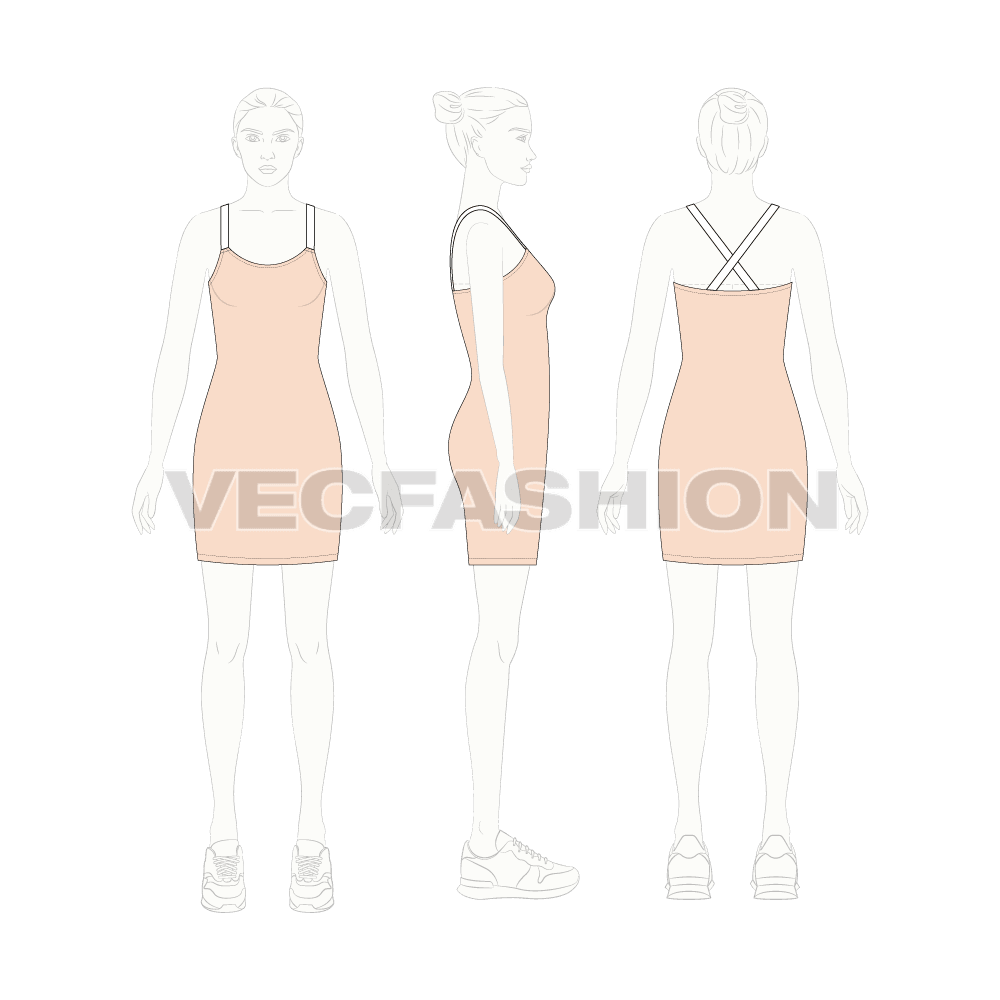 Womens bodycon mini dress flat sketch, croqui sketch
