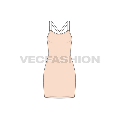 A vector template for Women's Bodycon Mini Dress in peach color with white shoulder straps. 