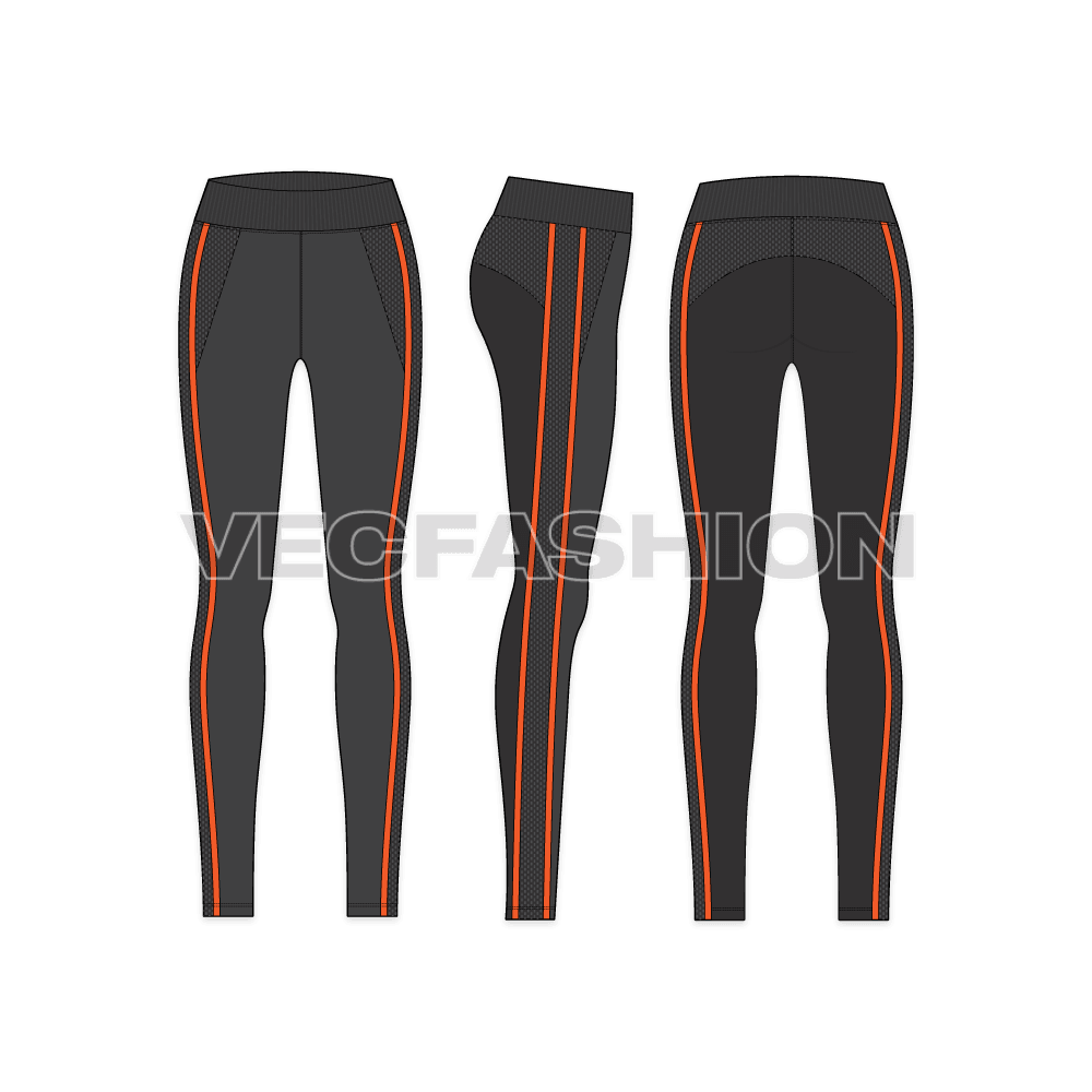 An elegant sporty design template for Women's Bodyfit Leggings. It has contrast stripes on sides, mesh panels and a card or cash slider pocket at the back of waistband. 