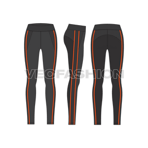 An elegant sporty design template for Women's Bodyfit Leggings. It has contrast stripes on sides, mesh panels and a card or cash slider pocket at the back of waistband. 