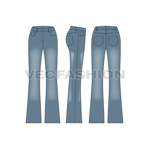 A vector illustrator fashion cad for Womens Boot Leg Denim Jeans. It has a washed denim look with other detailing like pockets, rivets and shank. 