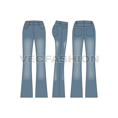 A vector illustrator fashion cad for Womens Boot Leg Denim Jeans. It has a washed denim look with other detailing like pockets, rivets and shank. 