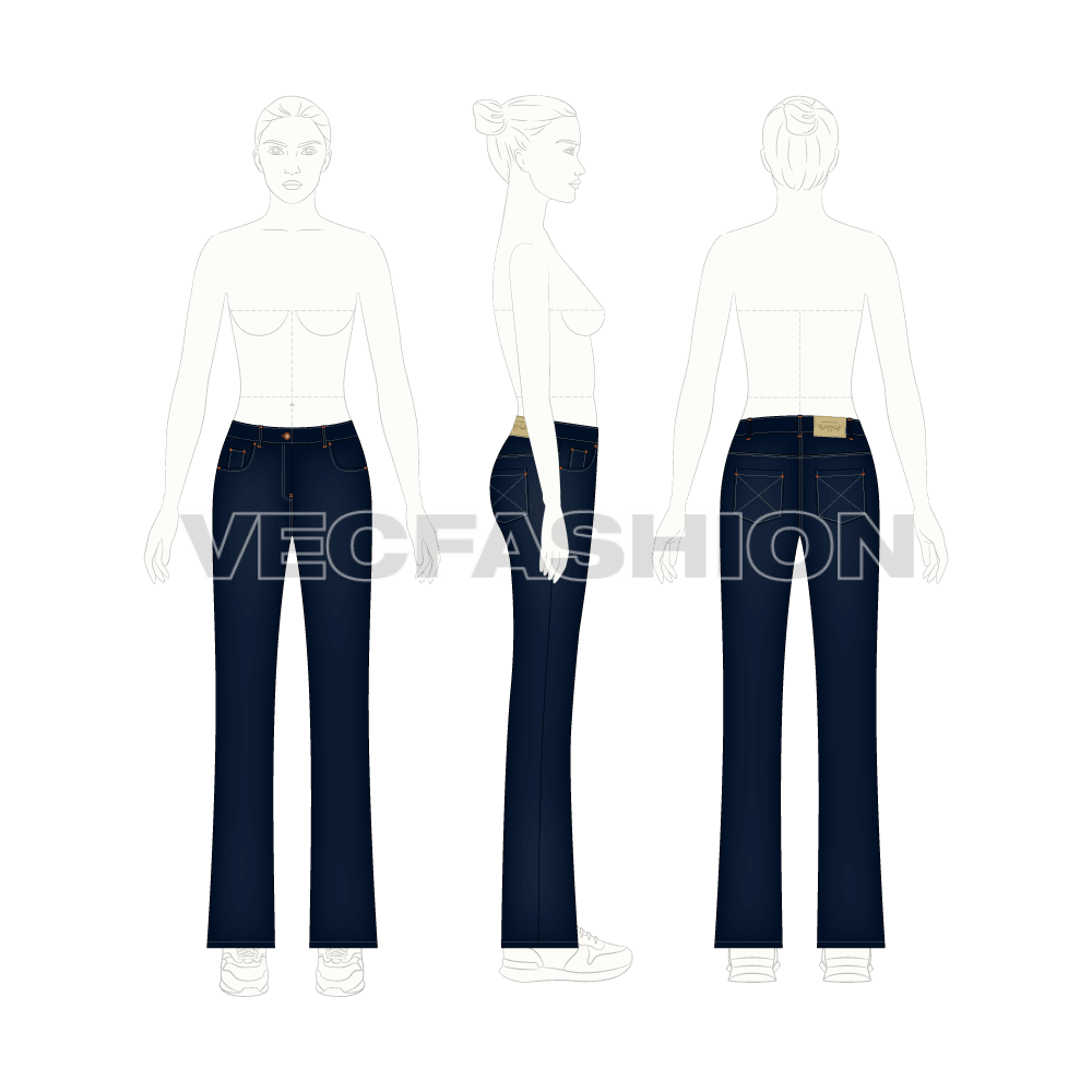 Womens bootleg denim jeans flat sketch, on croqui