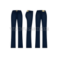 Womens bootleg denim jeans flat sketch, showing all views, front, side and back