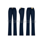 Womens bootleg denim jeans flat sketch, showing all views, front, side and back