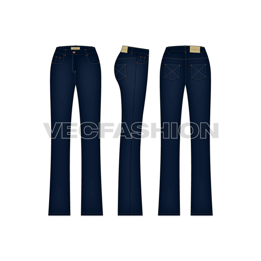 Womens bootleg denim jeans flat sketch, showing all views, front, side and back
