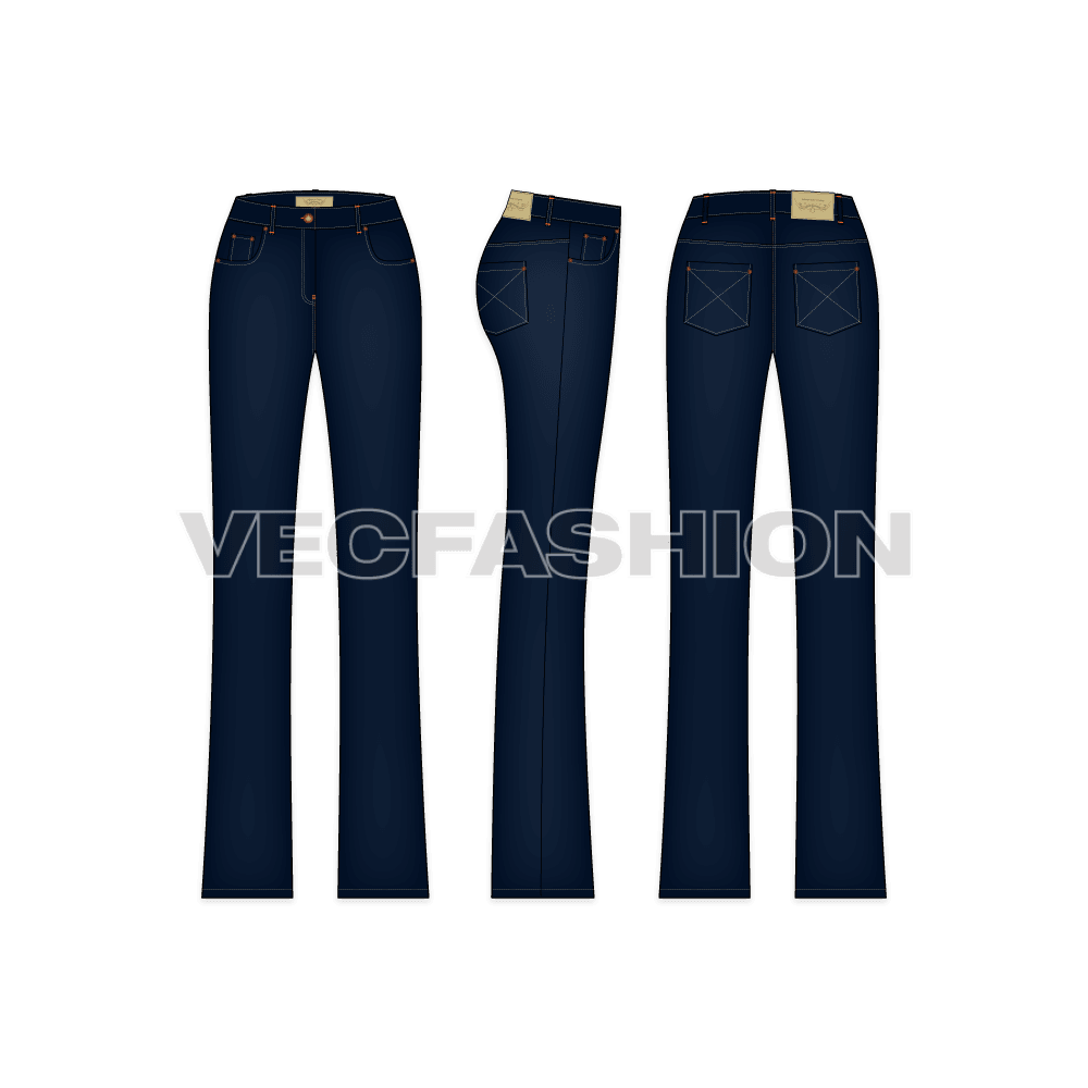 An indigo rendered vector template for Women's Bootleg Denim Jeans. This template includes Metal Shank on waist band, Metal Rivets,  PU Label, Back Pocket PU Label, Belt Loops with Bar Tack Stitch and Double Needle Stitch on all over garment.