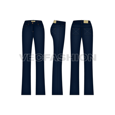 An indigo rendered vector template for Women's Bootleg Denim Jeans. This template includes Metal Shank on waist band, Metal Rivets,  PU Label, Back Pocket PU Label, Belt Loops with Bar Tack Stitch and Double Needle Stitch on all over garment.