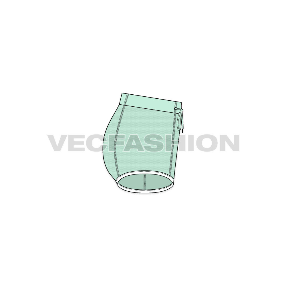 A vector fashion sketch template of Women's Booty Shorts. It has white colored waistband and micro dotted body fabric done through sublimation process. The shorts usually made out of compression material like Lycra/Spandex. 