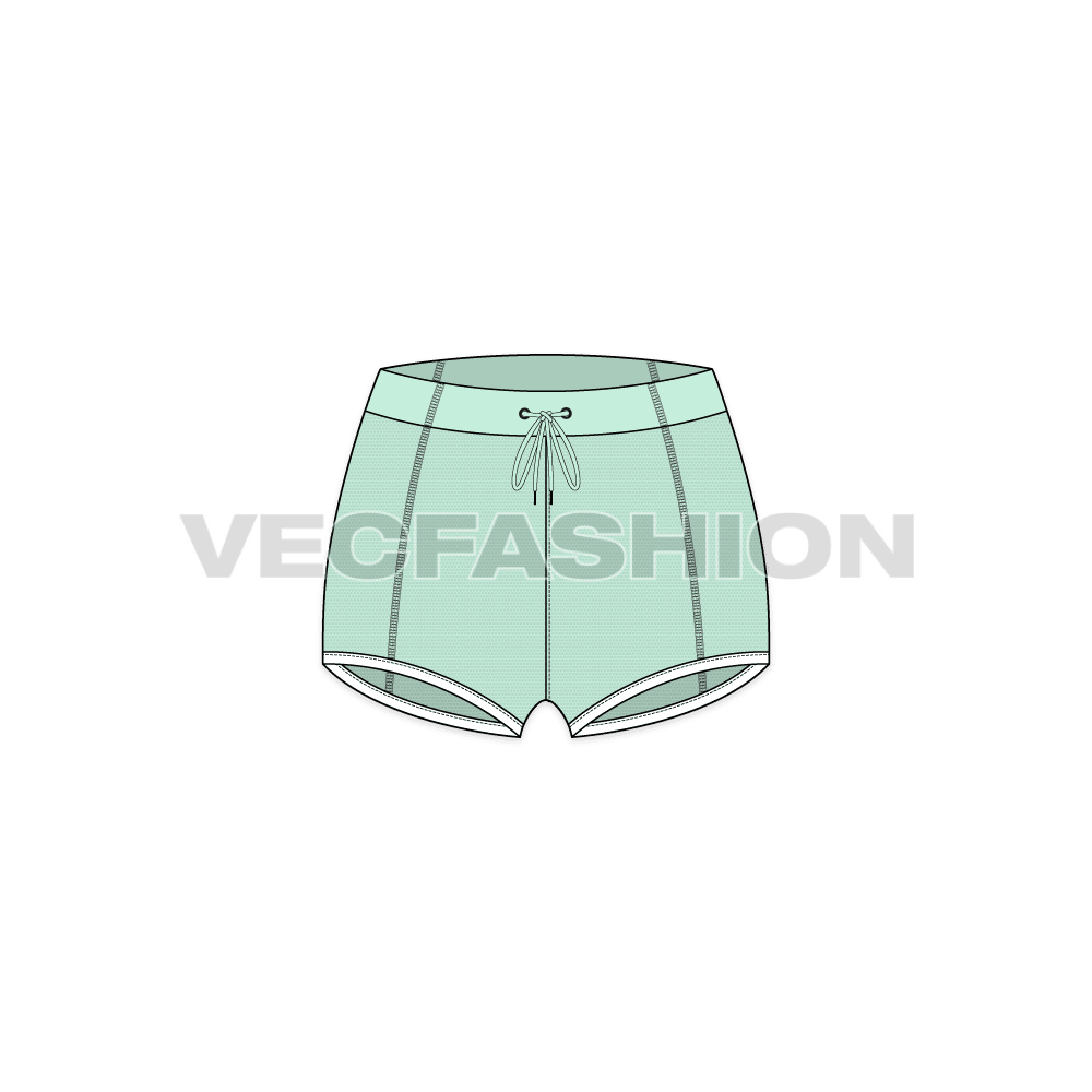 Womens booty shorts flat sketch, front view