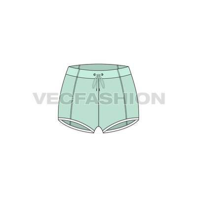 A vector fashion sketch template of Women's Booty Shorts. It has white colored waistband and micro dotted body fabric done through sublimation process. The shorts usually made out of compression material like Lycra/Spandex. 