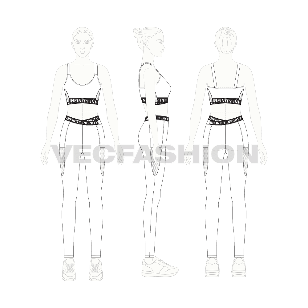 Womens branded sports set flat sketch, on croqui
