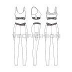 Womens branded sports set flat sketch, showing all views, front, side and back