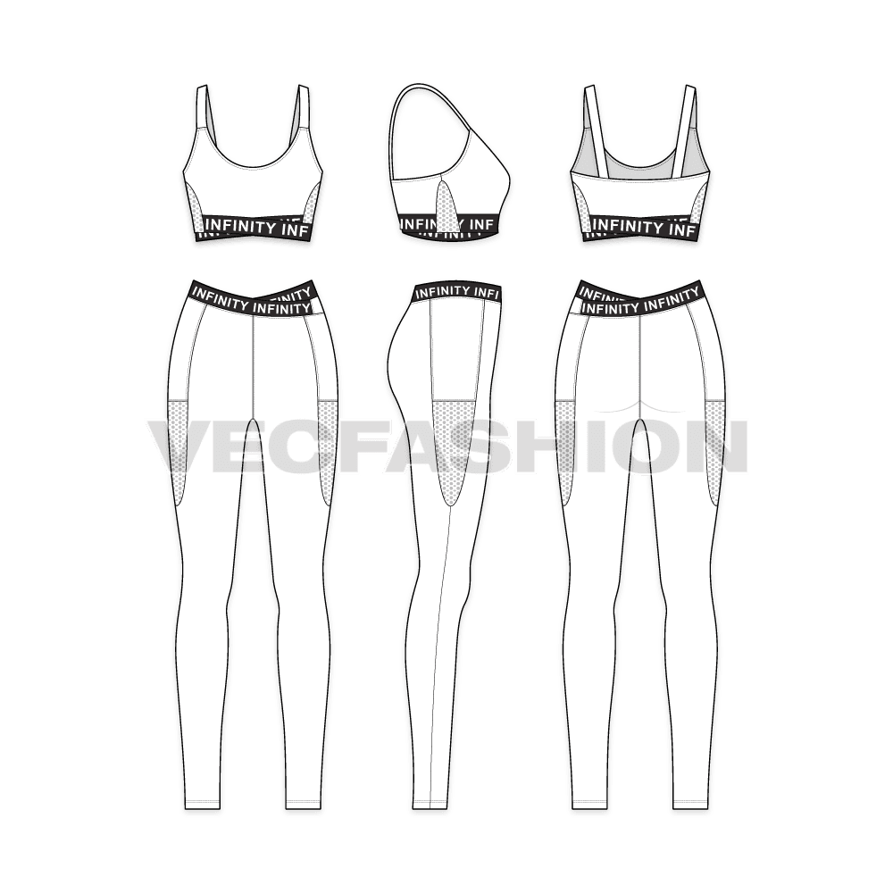 Womens branded sports set flat sketch, showing all views, front, side and back
