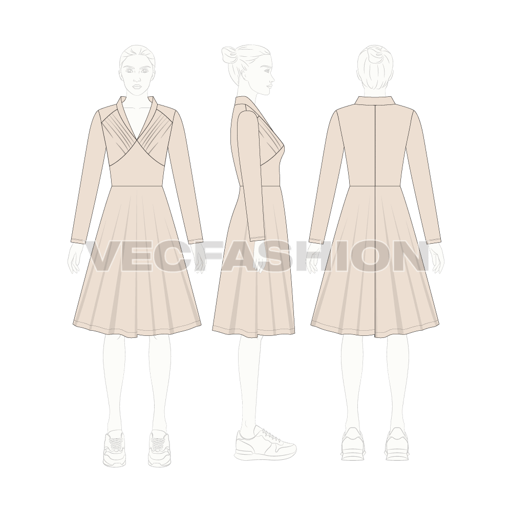 Womens bridesmaid party dress flat sketch, croqui sketch