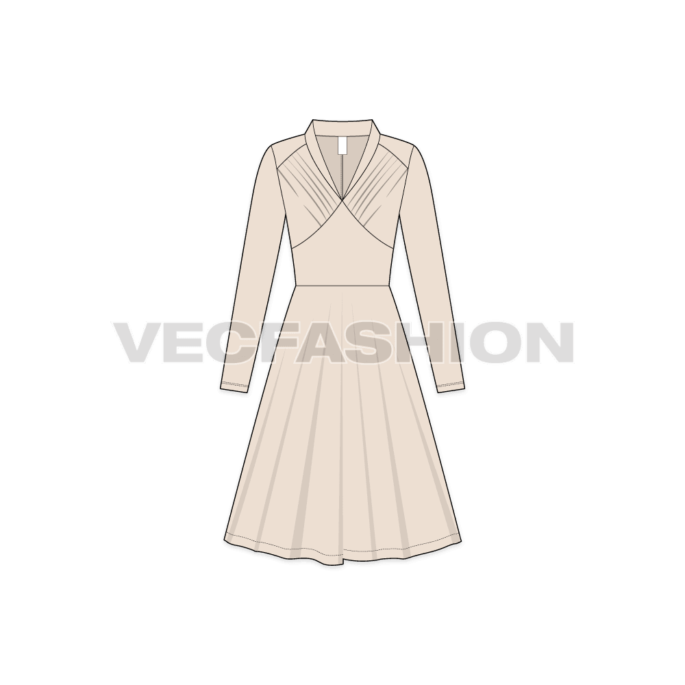 A vector template for Women's Bridesmaid Party Dress. It has a deep neckline with band collar, slim straight sleeves and flared skirt. 