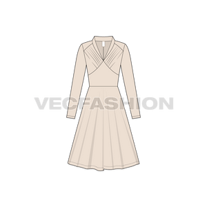 A vector template for Women's Bridesmaid Party Dress. It has a deep neckline with band collar, slim straight sleeves and flared skirt. 
