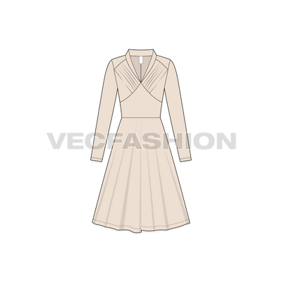 A vector template for Women's Bridesmaid Party Dress. It has a deep neckline with band collar, slim straight sleeves and flared skirt. 