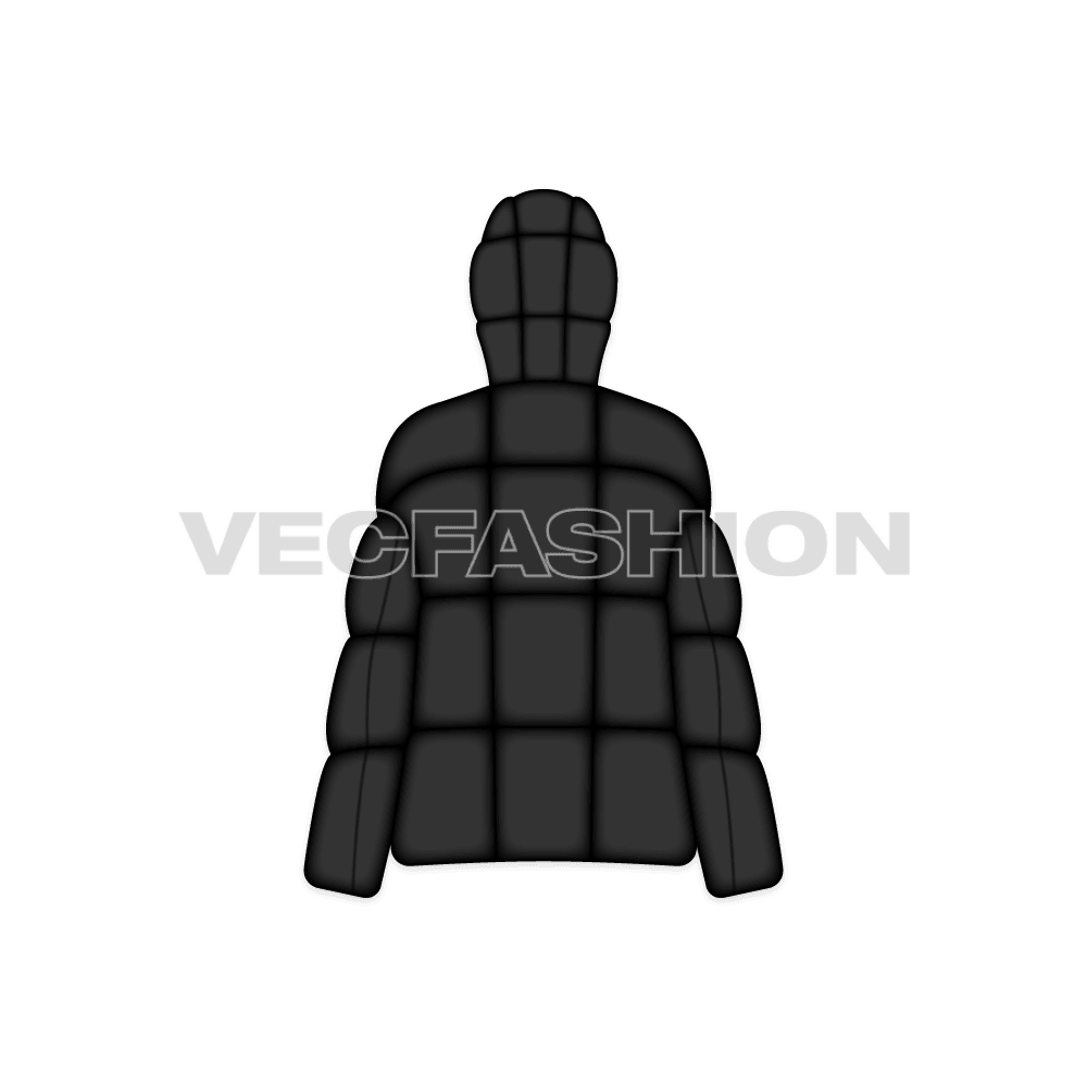 A vector template for Women's Bubble Jacket. It has thick layers of insulation and have detachable hood. A very luxury style hooded puffer jacket and have pockets on sides.  