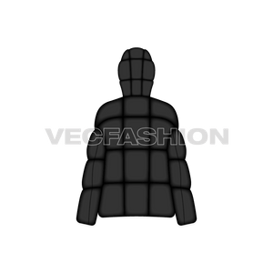 A vector template for Women's Bubble Jacket. It has thick layers of insulation and have detachable hood. A very luxury style hooded puffer jacket and have pockets on sides.  