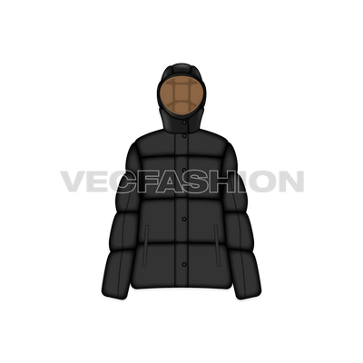 A vector template for Women's Bubble Jacket. It has thick layers of insulation and have detachable hood. A very luxury style hooded puffer jacket and have pockets on sides.  