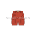 Womens burnt orange cargo shorts flat sketch, front view