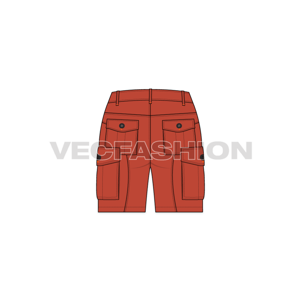 Womens burnt orange cargo shorts flat sketch, back view