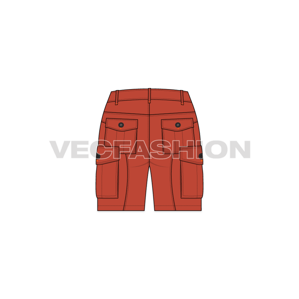 This is a detailed vector template for Women's Cargo Shorts in Burnt Orange Color. This template is added with two large Box Pockets on sides, two on back and one small box pocket on front leg.
