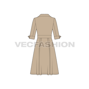 A vector template for Women's Business Coat Dress. It has buttons on front with a belt on waist. The sleeves are till elbow length and it has a coat collar.