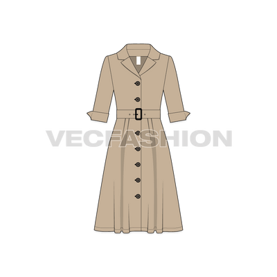 A vector template for Women's Business Coat Dress. It has buttons on front with a belt on waist. The sleeves are till elbow length and it has a coat collar.