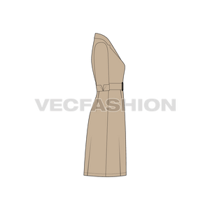 A vector template for Women's Business Coat Dress. It has buttons on front with a belt on waist. The sleeves are till elbow length and it has a coat collar.