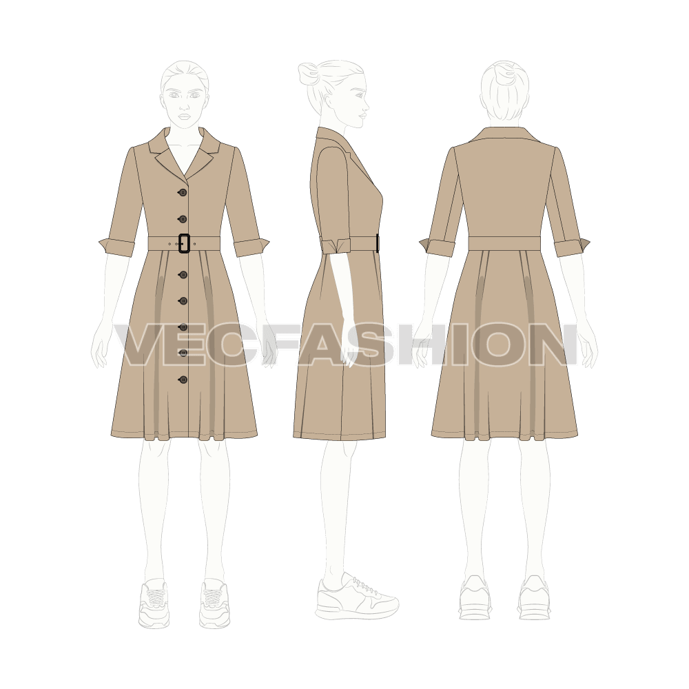 Womens business coat dress flat sketch, croqui sketch