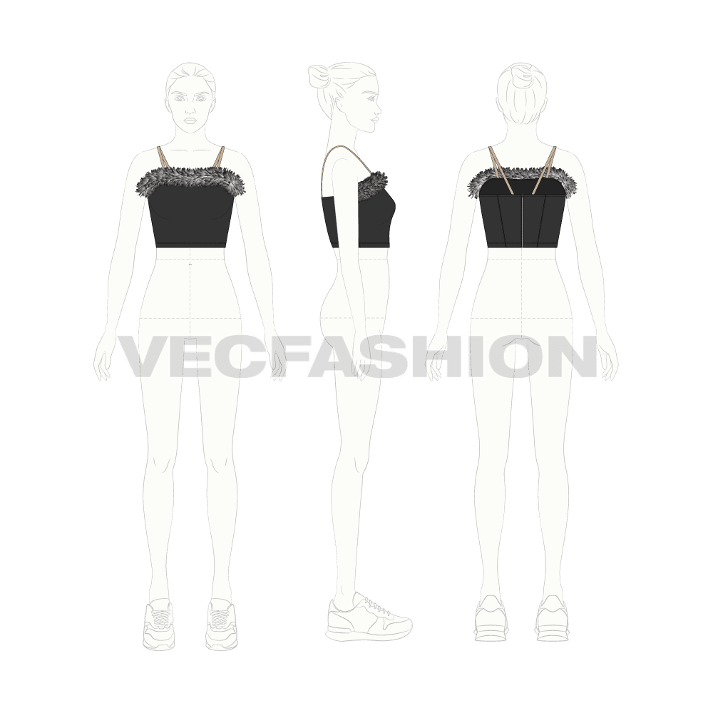 Womens bustier crop top flat sketch, croqui sketch