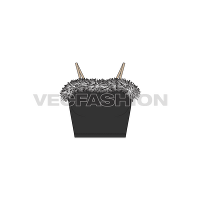 A vector template of Women's Bustier Crop Top. It has fitted corset usually made in leather with thick fur around the top edge. The spaghetti straps are in nude color. 