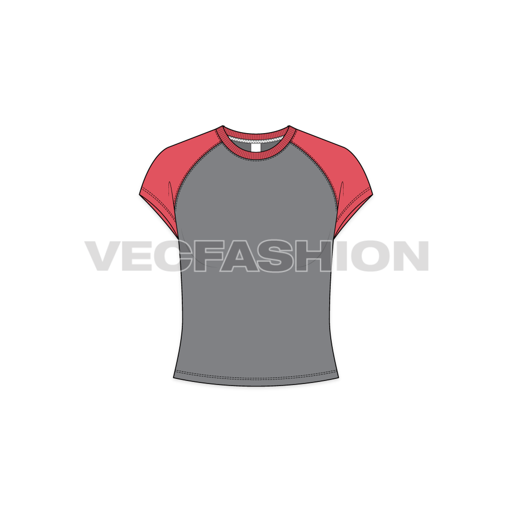 Womens cap sleeved short body tee flat sketch, front view