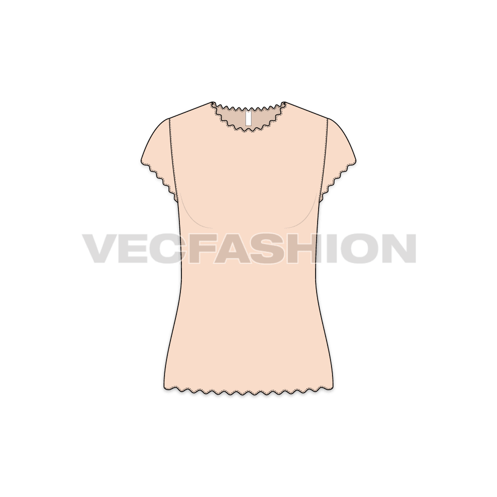 Womens cap sleeved tee with ruffles flat sketch, front view