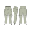 Womens capri length cotton pants flat sketch, showing all views, front, side and back