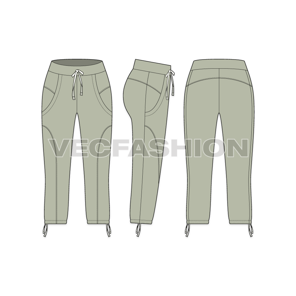 Womens capri length cotton pants flat sketch, showing all views, front, side and back