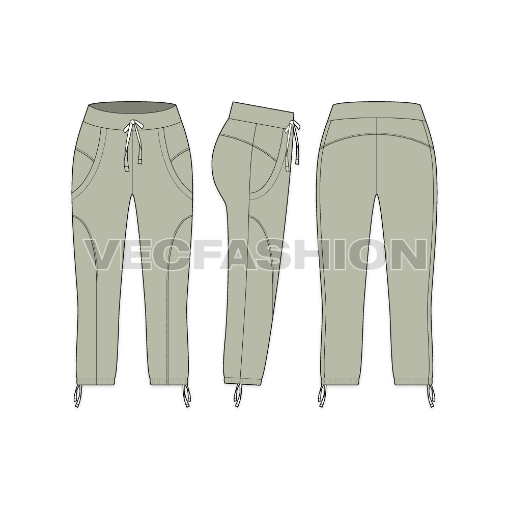 A vector template for Women's Capri Length Cotton Pants. It is rendered in vintage pistachio color and have all construction details like, cut panels, flat tape draw cord and stitching.