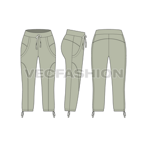 A vector template for Women's Capri Length Cotton Pants. It is rendered in vintage pistachio color and have all construction details like, cut panels, flat tape draw cord and stitching.