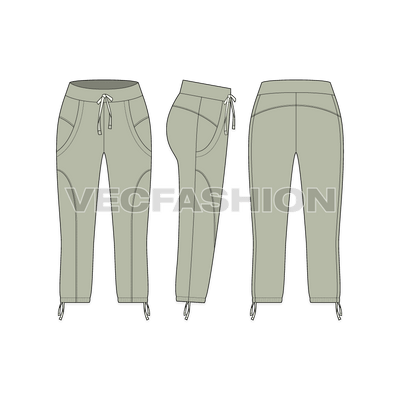 A vector template for Women's Capri Length Cotton Pants. It is rendered in vintage pistachio color and have all construction details like, cut panels, flat tape draw cord and stitching.