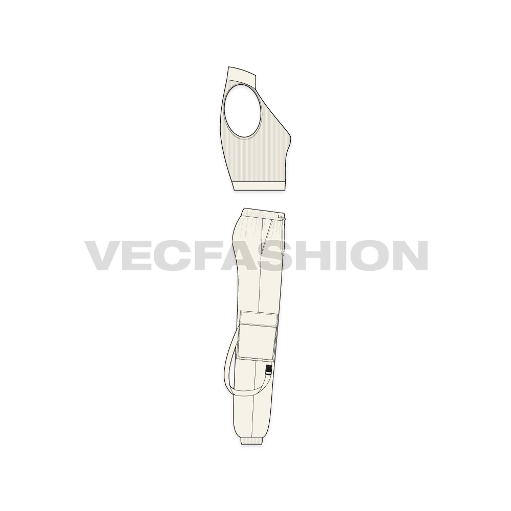 Womens cargo joggers flat sketch, side view