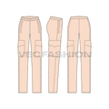 Womens cargo pajamas flat sketch, showing all views, front, side and back